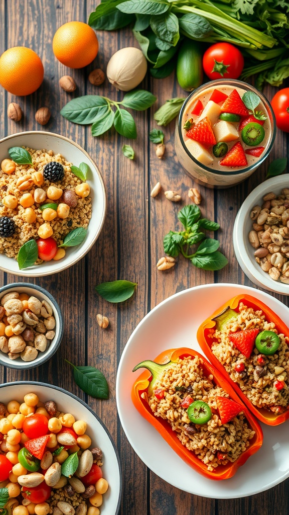 A colorful vegan meal spread with quinoa salad, smoothie bowl, and stuffed bell peppers on a wooden table.